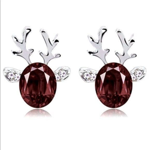 Reindeer Burgundy Crystal Holiday Earrings Silver New - Picture 1 of 2